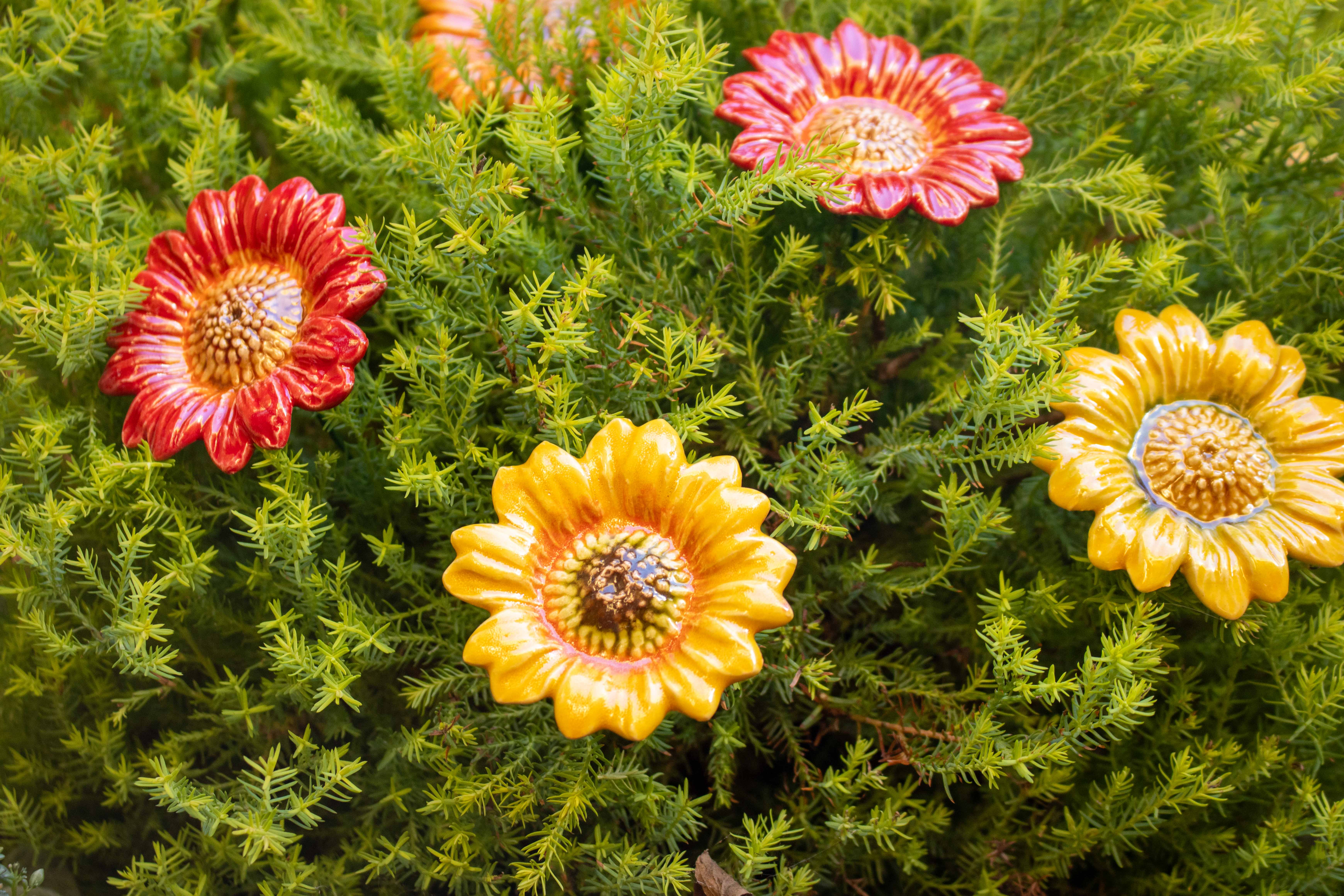 Keramik-Sonnenblumen in Grünpflanzen